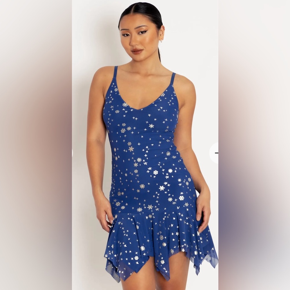 Blackmilk Christmas Star Blue Mini Handkerchief Dress - Limited - Picture 2 of 7
